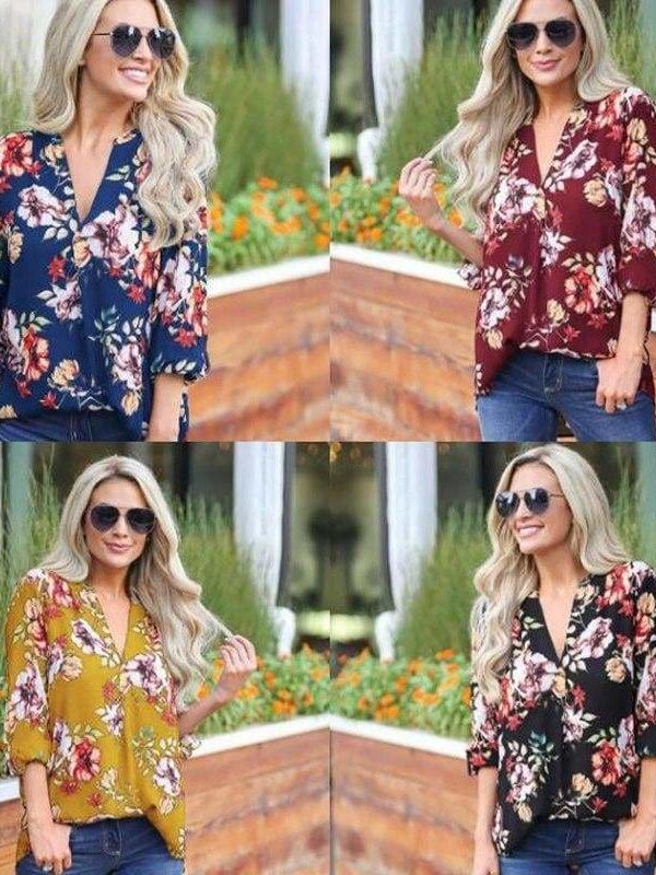 The Best Women Floral Print Chiffon Blouse Three Quarter V-Neck Casual Tops Online - Takalr