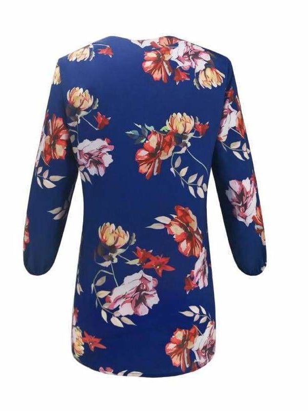 The Best Women Floral Print Chiffon Blouse Three Quarter V-Neck Casual Tops Online - Takalr