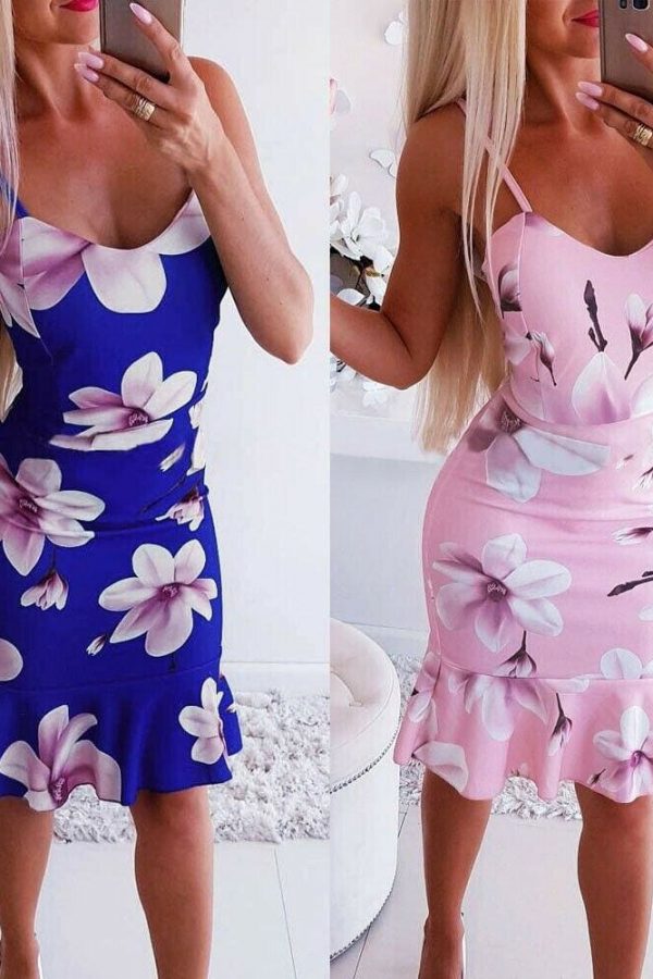 The Best Women Floral Print Strappy Midi Party Dress Ladies Slim Bandage Bodycon Summer Holiday Side Suspender Dress Sundress Online - Takalr