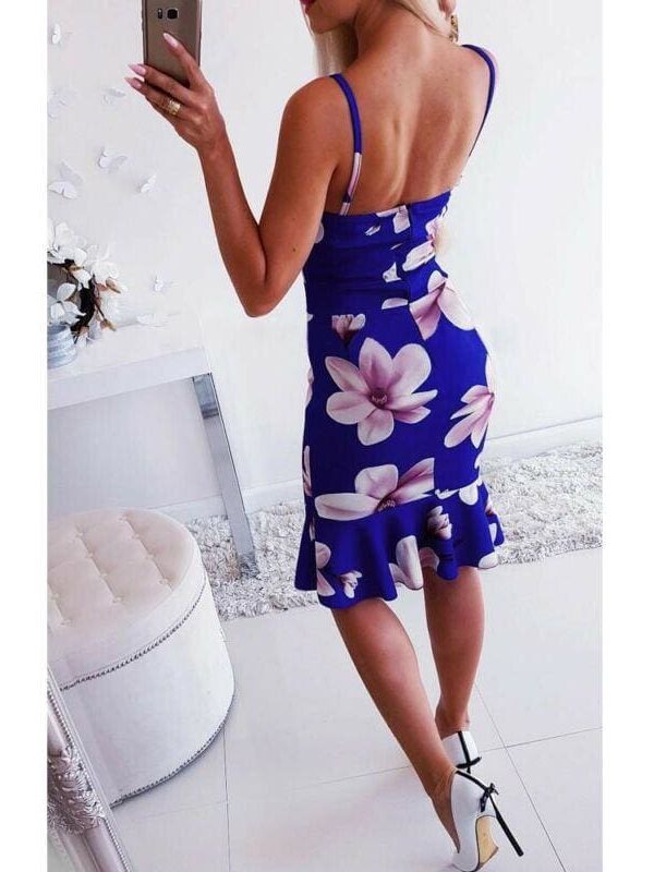 The Best Women Floral Print Strappy Midi Party Dress Ladies Slim Bandage Bodycon Summer Holiday Side Suspender Dress Sundress Online - Takalr