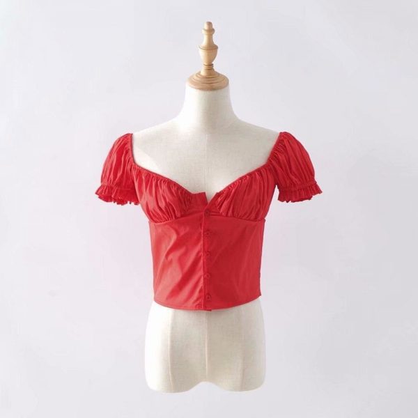 The Best Women Frill Trim Vintage Blouse Summer Casual Short Sleeve Top Online - Takalr