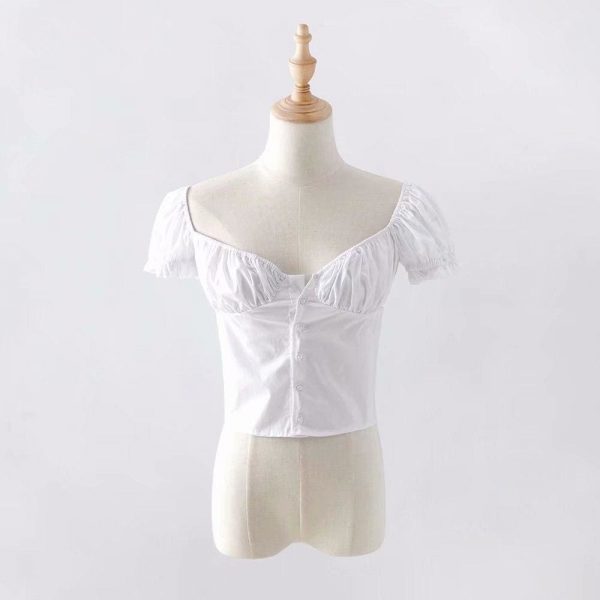 The Best Women Frill Trim Vintage Blouse Summer Casual Short Sleeve Top Online - Takalr