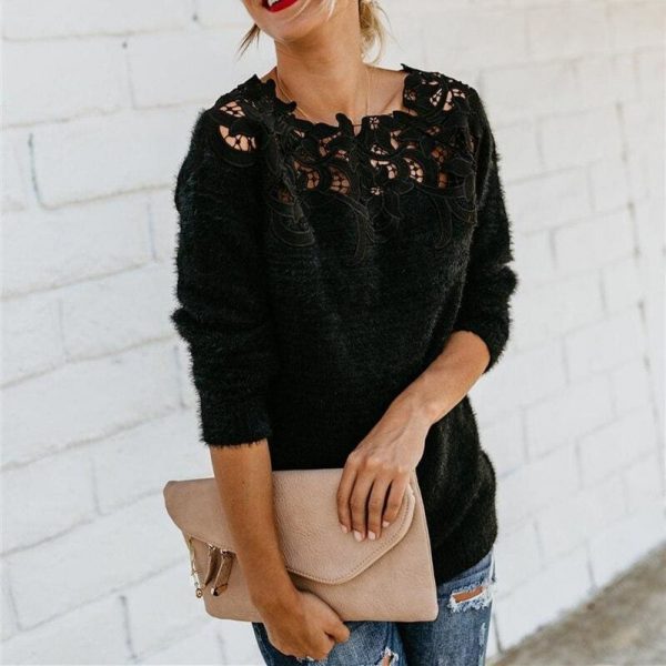 The Best Women Girls Lace Knitted Sweater Pullover Fashion Casual Soft Knitted Long Sleeve Knitwear Blouse Sweater Online - Takalr