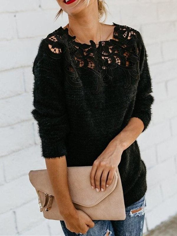 The Best Women Girls Lace Knitted Sweater Pullover Fashion Casual Soft Knitted Long Sleeve Knitwear Blouse Sweater Online - Takalr