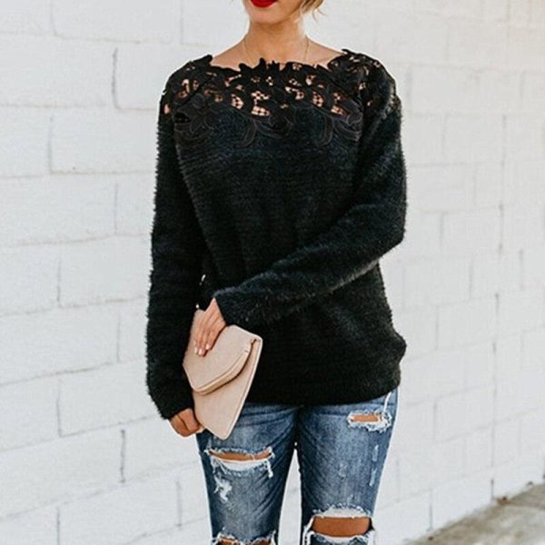 The Best Women Girls Lace Knitted Sweater Pullover Fashion Casual Soft Knitted Long Sleeve Knitwear Blouse Sweater Online - Takalr