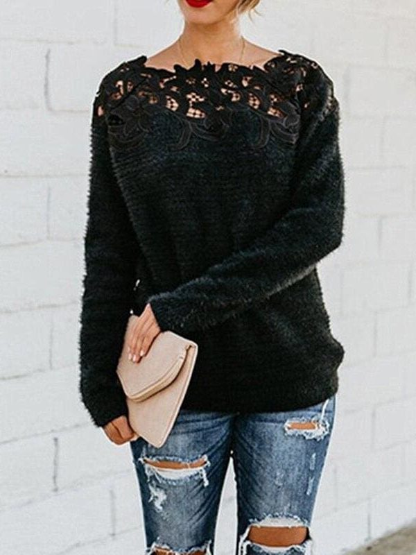 The Best Women Girls Lace Knitted Sweater Pullover Fashion Casual Soft Knitted Long Sleeve Knitwear Blouse Sweater Online - Takalr