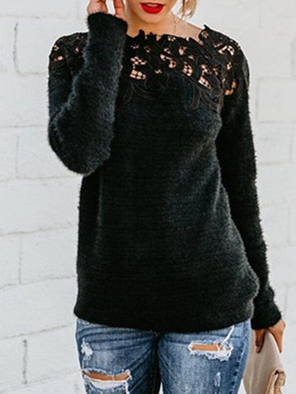 The Best Women Girls Lace Knitted Sweater Pullover Fashion Casual Soft Knitted Long Sleeve Knitwear Blouse Sweater Online - Takalr