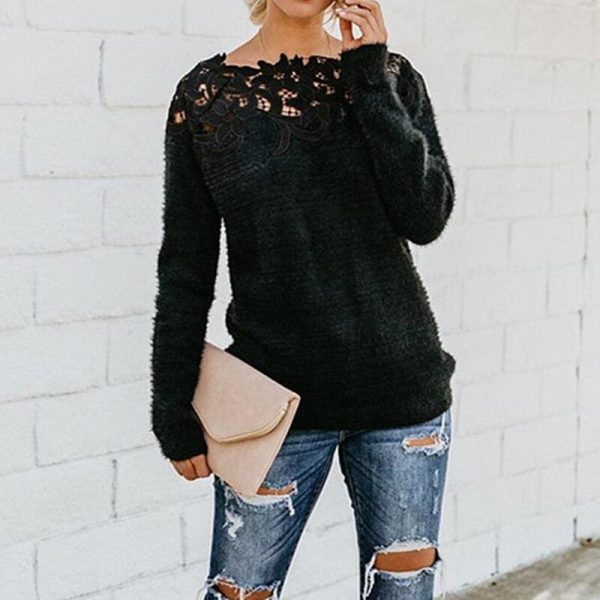 The Best Women Girls Lace Knitted Sweater Pullover Fashion Casual Soft Knitted Long Sleeve Knitwear Blouse Sweater Online - Takalr