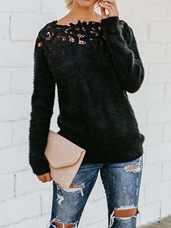 The Best Women Girls Lace Knitted Sweater Pullover Fashion Casual Soft Knitted Long Sleeve Knitwear Blouse Sweater Online - Takalr