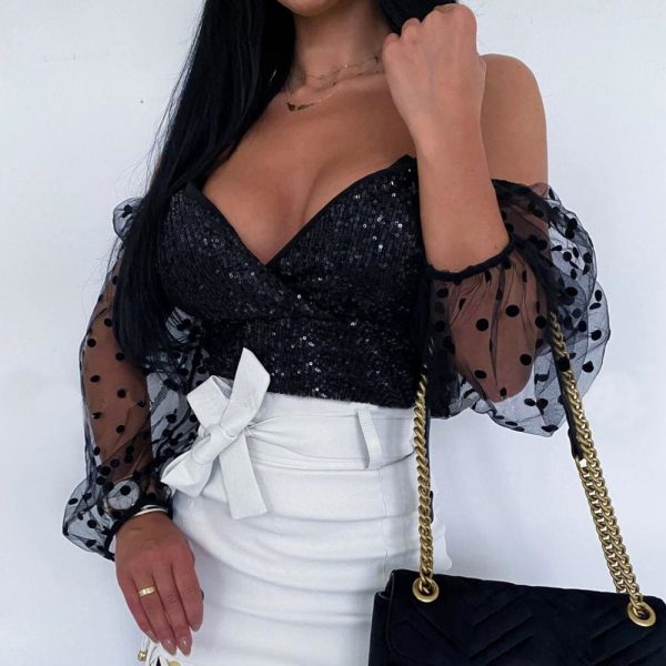 The Best Women Glitter Deep V Neck Mesh Sheer Puff Long Sleeve Crop Top Sexy Ladies Sequins Shirt Top Blouse Clubwear Online - Takalr