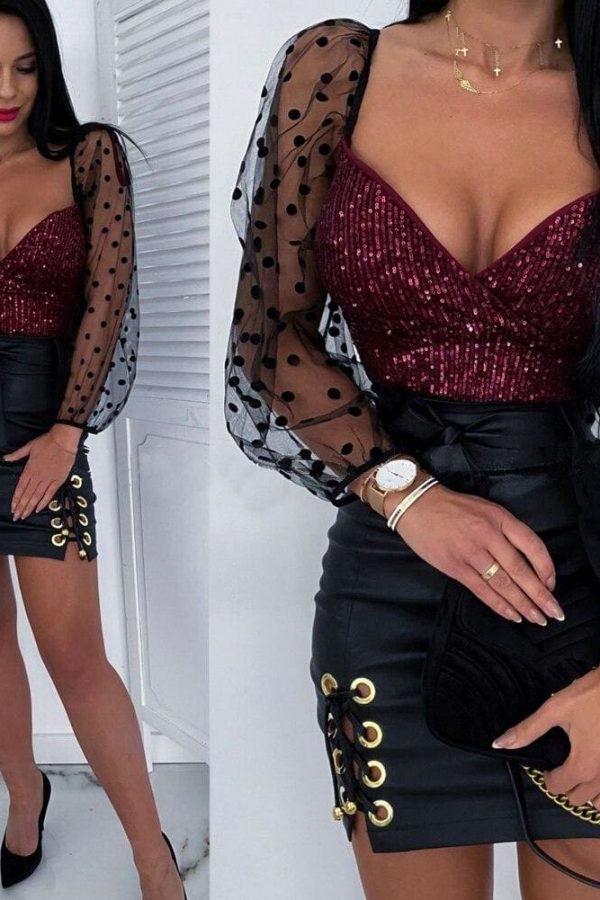 The Best Women Glitter Deep V Neck Mesh Sheer Puff Long Sleeve Crop Top Sexy Ladies Sequins Shirt Top Blouse Clubwear Online - Takalr