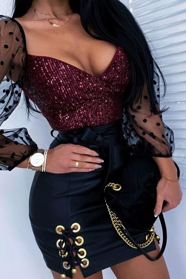 The Best Women Glitter Deep V Neck Mesh Sheer Puff Long Sleeve Crop Top Sexy Ladies Sequins Shirt Top Blouse Clubwear Online - Takalr