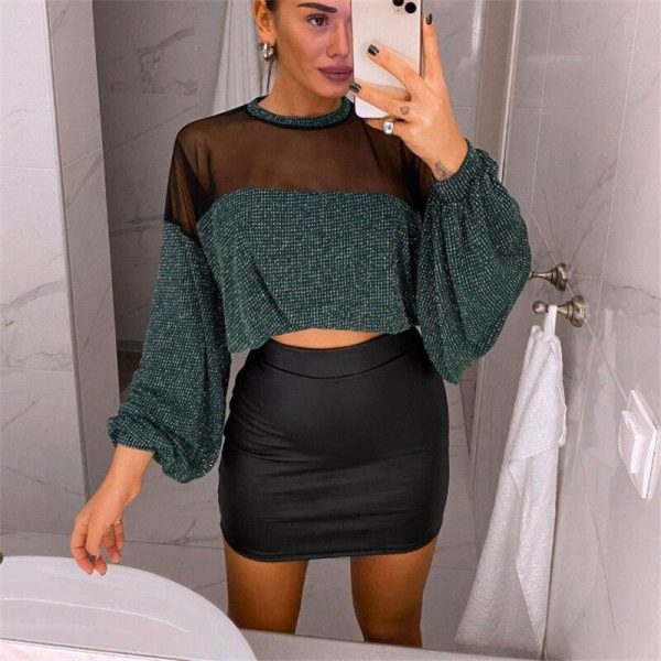 The Best Women Glitter Sequins Blouse Shirts Sexy Mesh Sheer Long Sleeve Blouse Summer Autumn Lady Shirt Top Female Fashion Office Tops Online - Takalr