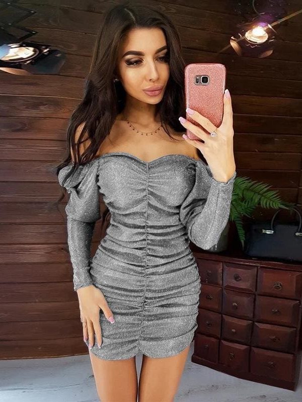 The Best Women Glitter Square Neck Ruched Bodycon Dress Off Shoulder Sparkling Cocktail Party Club Evening Mini Dress Online - Takalr