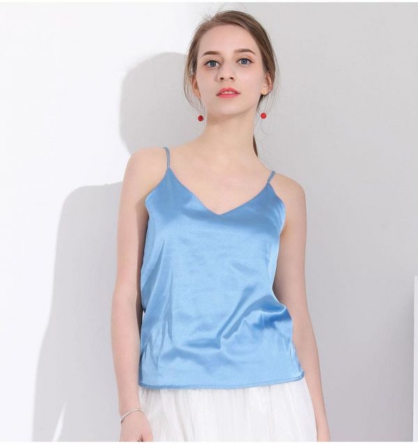 The Best Women Halter V Neck Basic  White Cami Sleeveless Satin Silk Tank Tops Online - Takalr