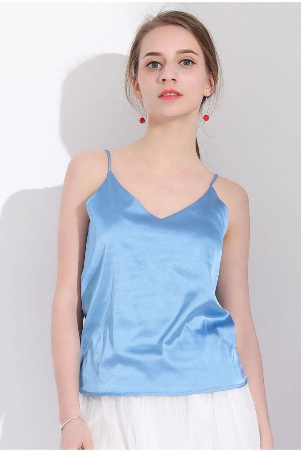 The Best Women Halter V Neck Basic  White Cami Sleeveless Satin Silk Tank Tops Online - Takalr