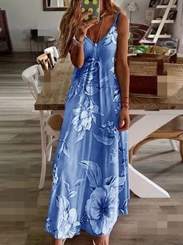 The Best Women Halter V Neck Boho Long Dress Floral Printed Sleeveless Beachwear Holiday Sundress Female vestidos Online - Takalr