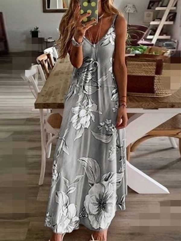 The Best Women Halter V Neck Boho Long Dress Floral Printed Sleeveless Beachwear Holiday Sundress Female vestidos Online - Takalr