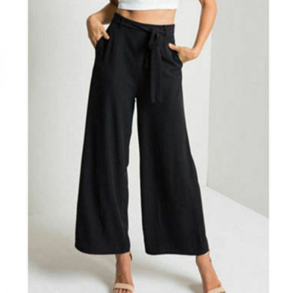 The Best Women High Waist Flared Wide Leg Long Pants OL Ladies Workout Casual Solid Palazzo Long Loose Trousers Summer Clothes Online - Takalr