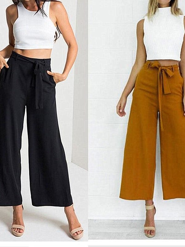 The Best Women High Waist Flared Wide Leg Long Pants OL Ladies Workout Casual Solid Palazzo Long Loose Trousers Summer Clothes Online - Takalr