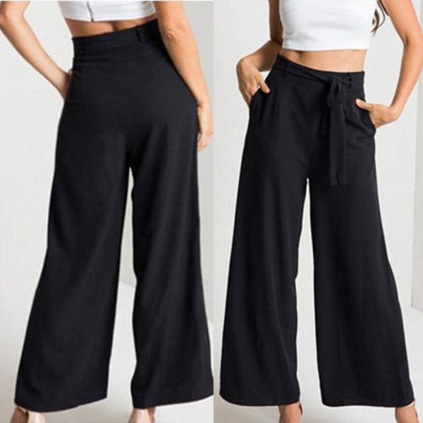 The Best Women High Waist Flared Wide Leg Long Pants OL Ladies Workout Casual Solid Palazzo Long Loose Trousers Summer Clothes Online - Takalr