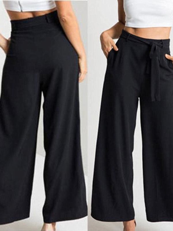 The Best Women High Waist Flared Wide Leg Long Pants OL Ladies Workout Casual Solid Palazzo Long Loose Trousers Summer Clothes Online - Takalr