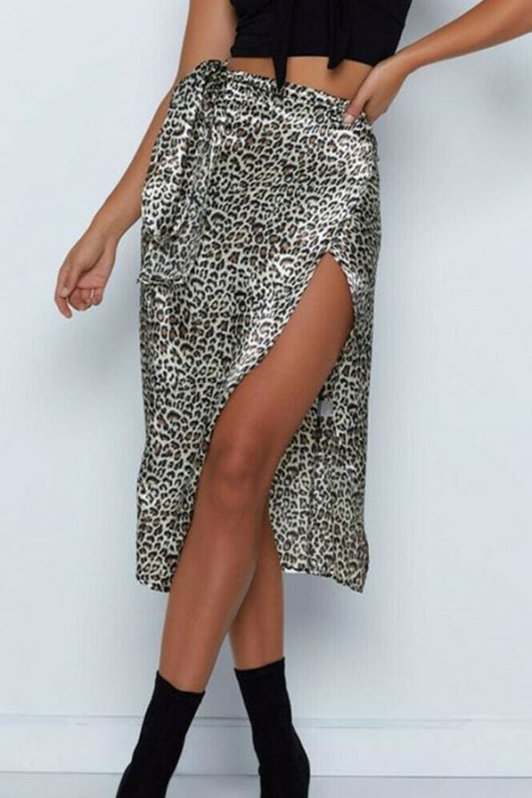 The Best Women High Waist Leopard Print Split Midi Skirt Ladies Summer Holiday Casual Ruffle Asymmetric Wrap Sundress Online - Takalr