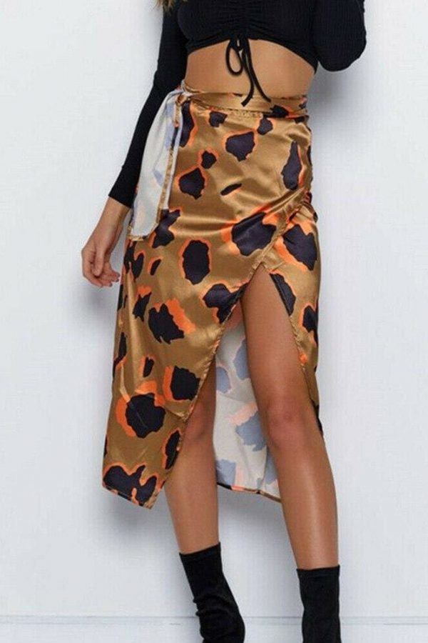 The Best Women High Waist Leopard Print Split Midi Skirt Ladies Summer Holiday Casual Ruffle Asymmetric Wrap Sundress Online - Takalr