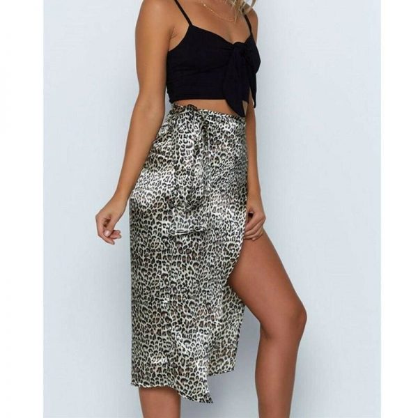 The Best Women High Waist Leopard Print Split Midi Skirt Ladies Summer Holiday Casual Ruffle Asymmetric Wrap Sundress Online - Takalr