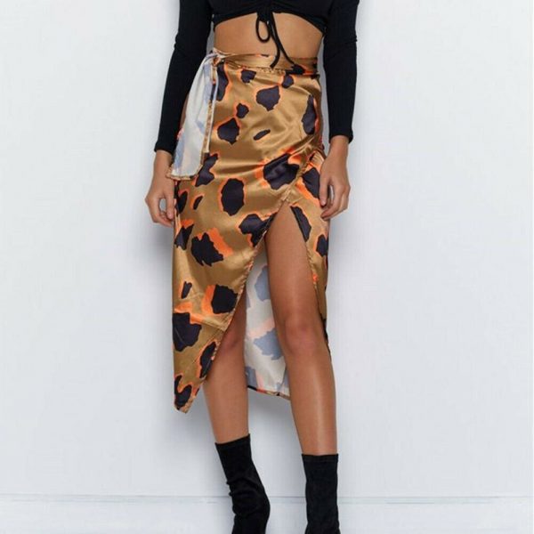 The Best Women High Waist Leopard Print Split Midi Skirt Ladies Summer Holiday Casual Ruffle Asymmetric Wrap Sundress Online - Takalr