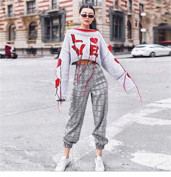 The Best Women High Waist Plaid Stretch Skinny Pencil Pants Ladies Elastic Loose Drawstring Casual Trousers Outwear Online - Takalr