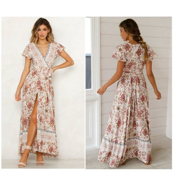 The Best Women High Waist Summer Boho Floral Print Short Sleeve Beach Dress New Fashion Ladies V-Neck Long Dress Sundress Online - Takalr