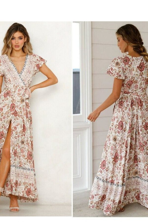 The Best Women High Waist Summer Boho Floral Print Short Sleeve Beach Dress New Fashion Ladies V-Neck Long Dress Sundress Online - Takalr