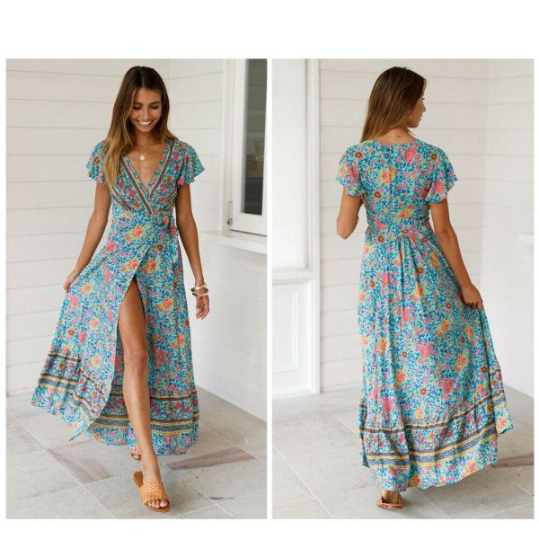 The Best Women High Waist Summer Boho Floral Print Short Sleeve Beach Dress New Fashion Ladies V-Neck Long Dress Sundress Online - Takalr