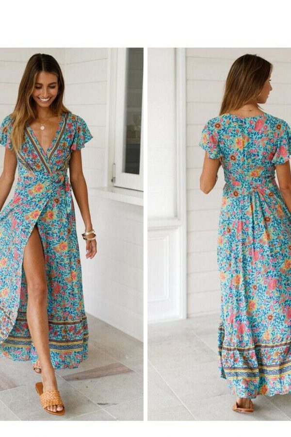 The Best Women High Waist Summer Boho Floral Print Short Sleeve Beach Dress New Fashion Ladies V-Neck Long Dress Sundress Online - Takalr