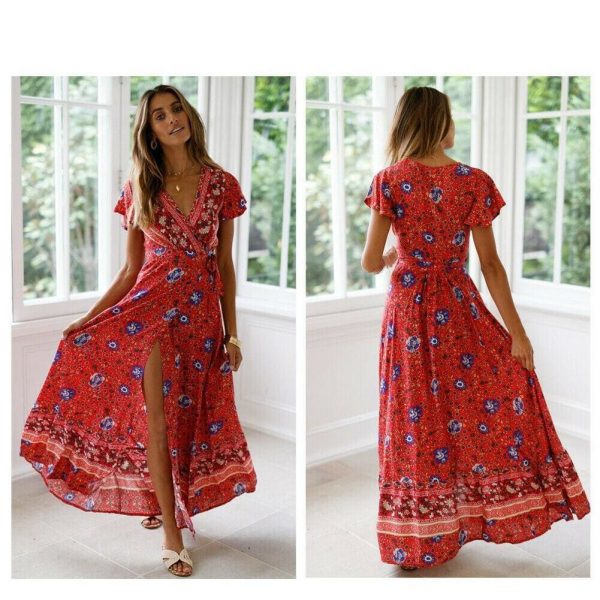 The Best Women High Waist Summer Boho Floral Print Short Sleeve Beach Dress New Fashion Ladies V-Neck Long Dress Sundress Online - Takalr