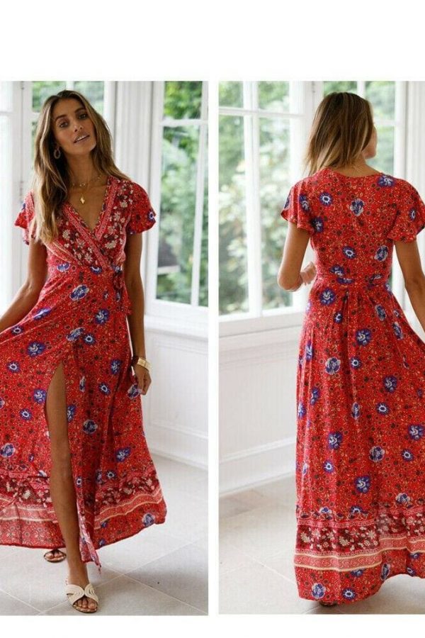 The Best Women High Waist Summer Boho Floral Print Short Sleeve Beach Dress New Fashion Ladies V-Neck Long Dress Sundress Online - Takalr