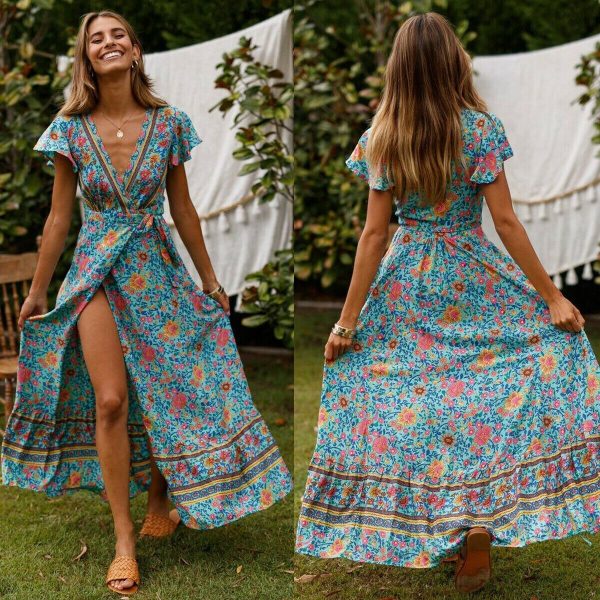 The Best Women High Waist Summer Boho Floral Print Short Sleeve Beach Dress New Fashion Ladies V-Neck Long Dress Sundress Online - Takalr