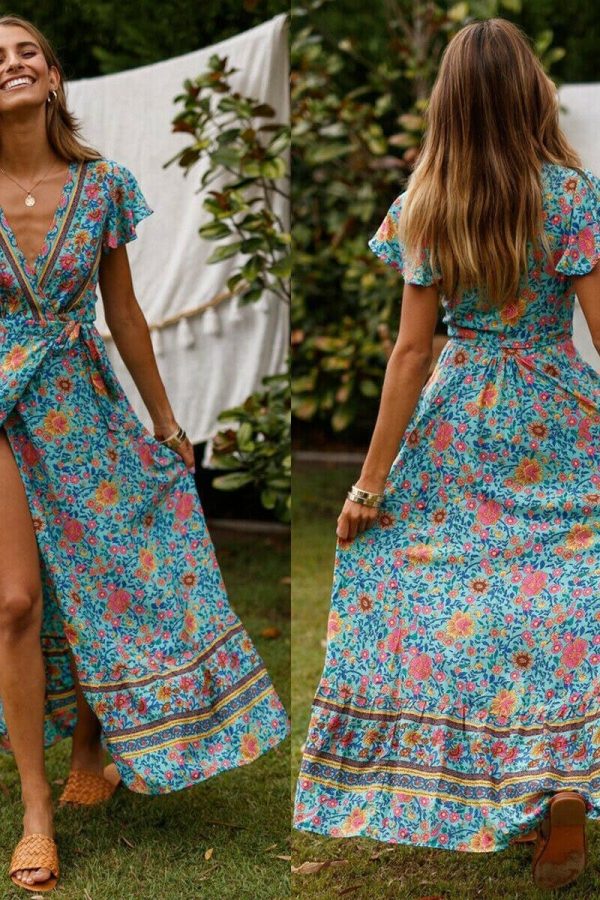 The Best Women High Waist Summer Boho Floral Print Short Sleeve Beach Dress New Fashion Ladies V-Neck Long Dress Sundress Online - Takalr