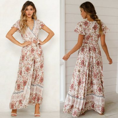 The Best Women High Waist Summer Boho Floral Print Short Sleeve Beach Dress New Fashion Ladies V-Neck Long Dress Sundress Online - Takalr