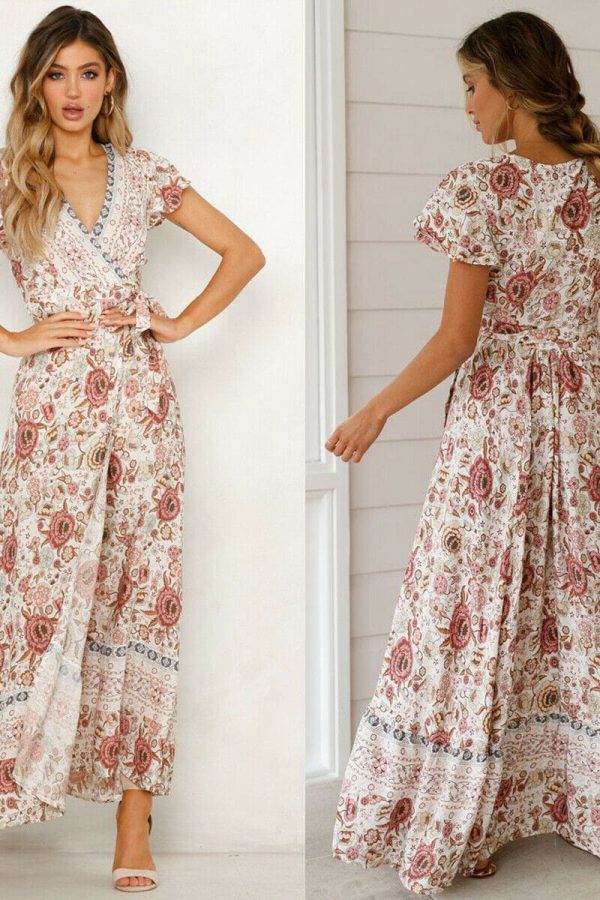 The Best Women High Waist Summer Boho Floral Print Short Sleeve Beach Dress New Fashion Ladies V-Neck Long Dress Sundress Online - Takalr