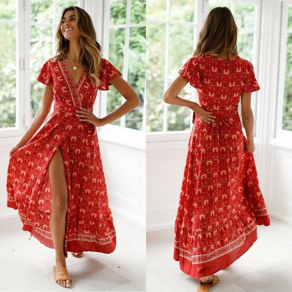 The Best Women High Waist Summer Boho Floral Print Short Sleeve Beach Dress New Fashion Ladies V-Neck Long Dress Sundress Online - Takalr