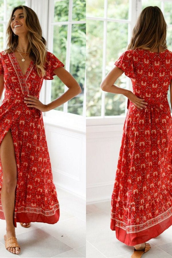 The Best Women High Waist Summer Boho Floral Print Short Sleeve Beach Dress New Fashion Ladies V-Neck Long Dress Sundress Online - Takalr