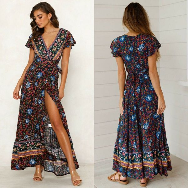 The Best Women High Waist Summer Boho Floral Print Short Sleeve Beach Dress New Fashion Ladies V-Neck Long Dress Sundress Online - Takalr