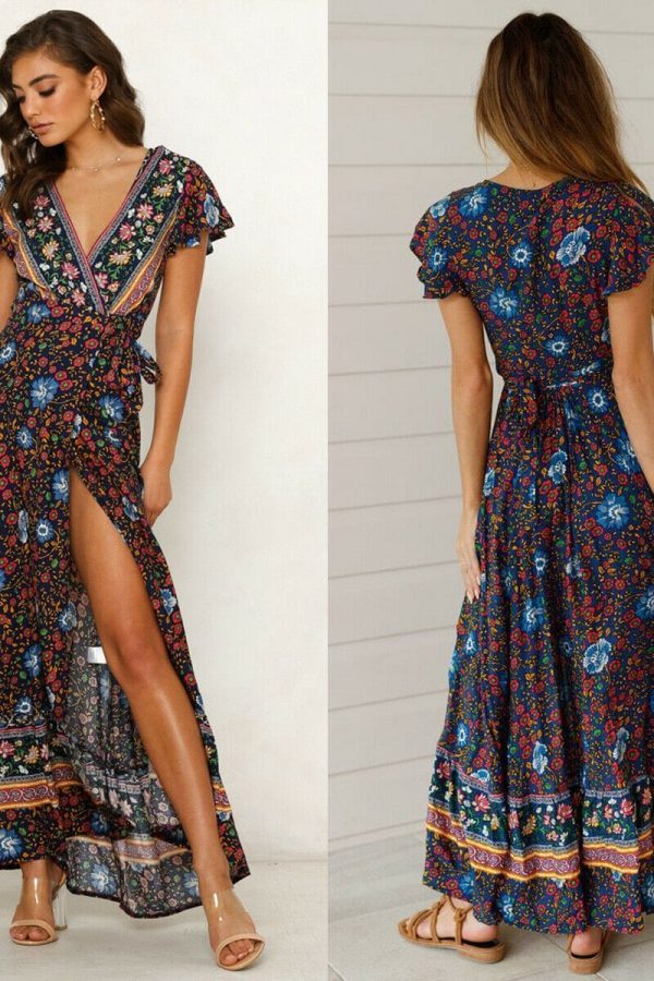 The Best Women High Waist Summer Boho Floral Print Short Sleeve Beach Dress New Fashion Ladies V-Neck Long Dress Sundress Online - Takalr