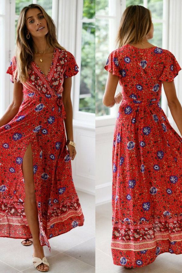 The Best Women High Waist Summer Boho Floral Print Short Sleeve Beach Dress New Fashion Ladies V-Neck Long Dress Sundress Online - Takalr