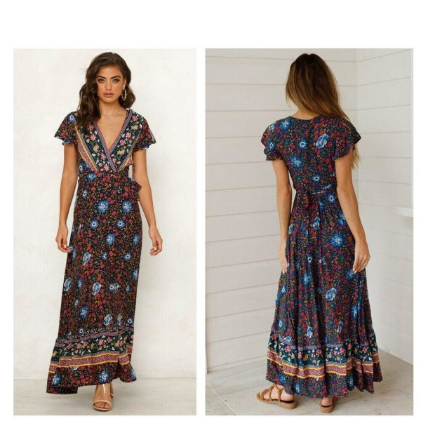 The Best Women High Waist Summer Boho Floral Print Short Sleeve Beach Dress New Fashion Ladies V-Neck Long Dress Sundress Online - Takalr