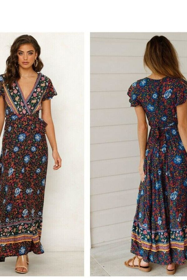 The Best Women High Waist Summer Boho Floral Print Short Sleeve Beach Dress New Fashion Ladies V-Neck Long Dress Sundress Online - Takalr