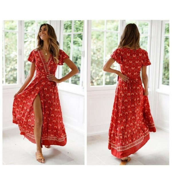 The Best Women High Waist Summer Boho Floral Print Short Sleeve Beach Dress New Fashion Ladies V-Neck Long Dress Sundress Online - Takalr