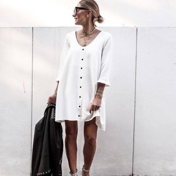 The Best Women Holiday Loose Button Ladies Summer Beach Mini Swing Sun Dress Ladies Long Sleeve Casual Top Dress Streetwear Online - Takalr